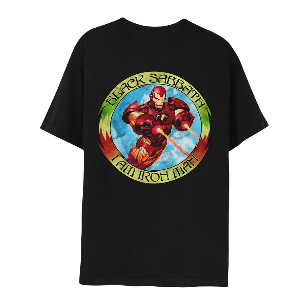 Marvel’s Iron Man by Black Sabbath, I Am Iron Man Circle Design Black T-Shirt